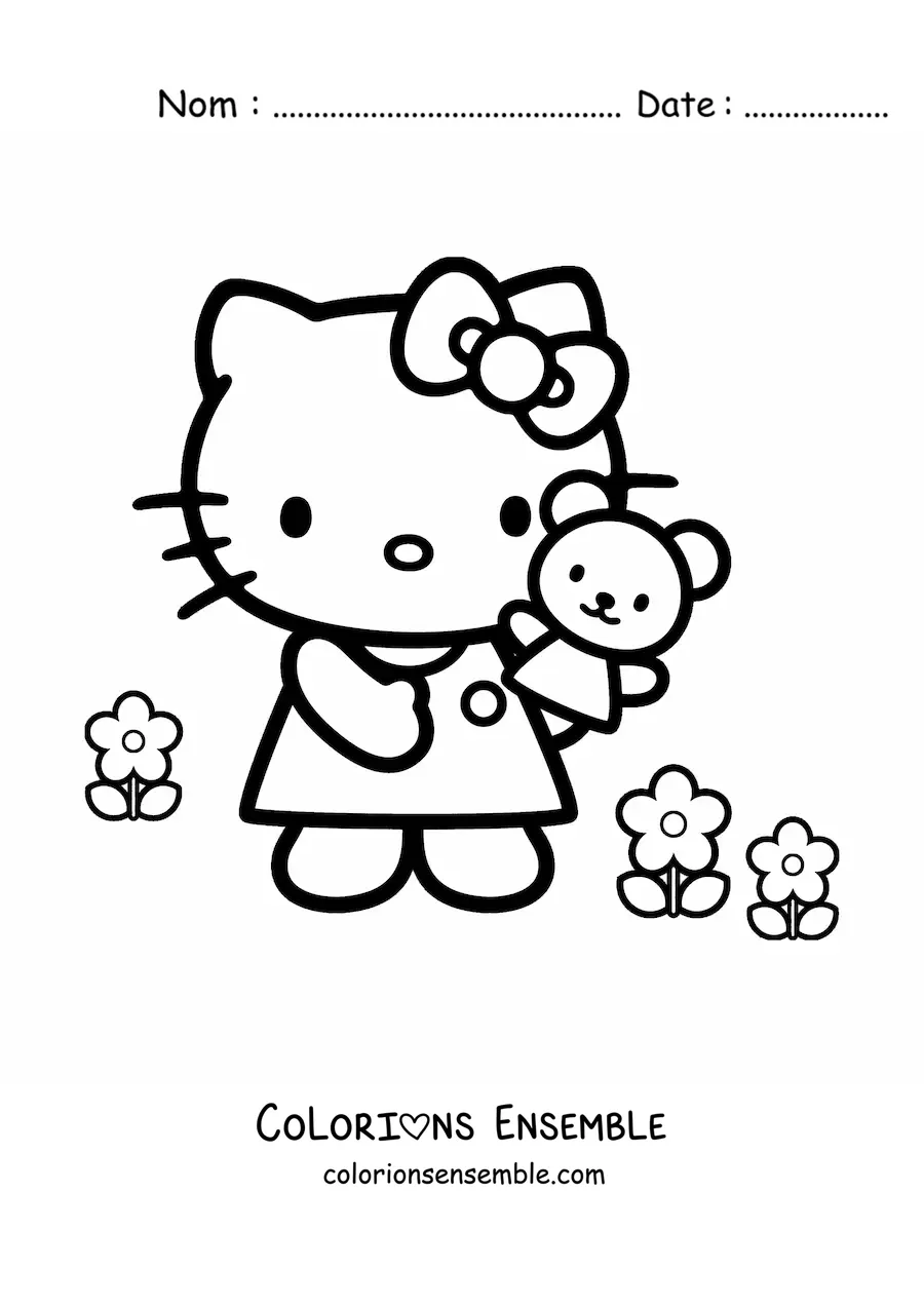 Image à colorier de Hello Kitty parmi des fleurs, tenant un petit ours dans la main