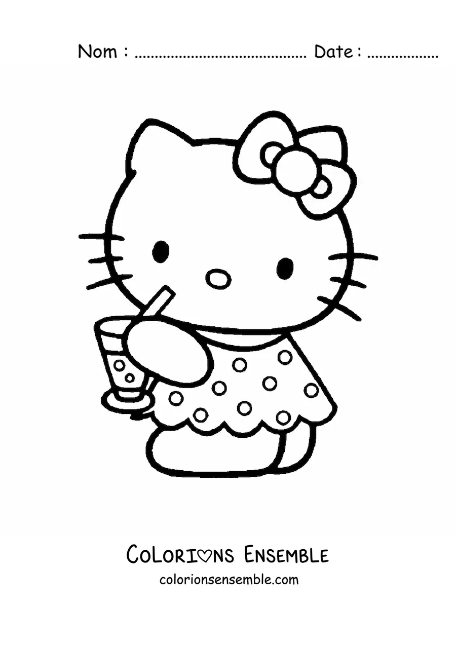 Image à colorier de Hello Kitty en tenue d’été buvant un soda