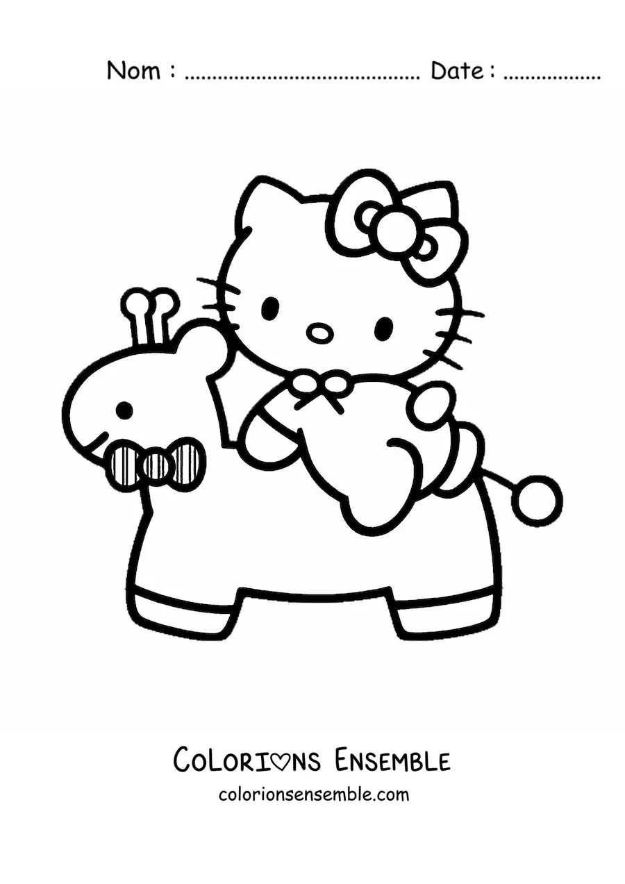 Image à colorier de Hello Kitty bébé sur une girafe en peluche