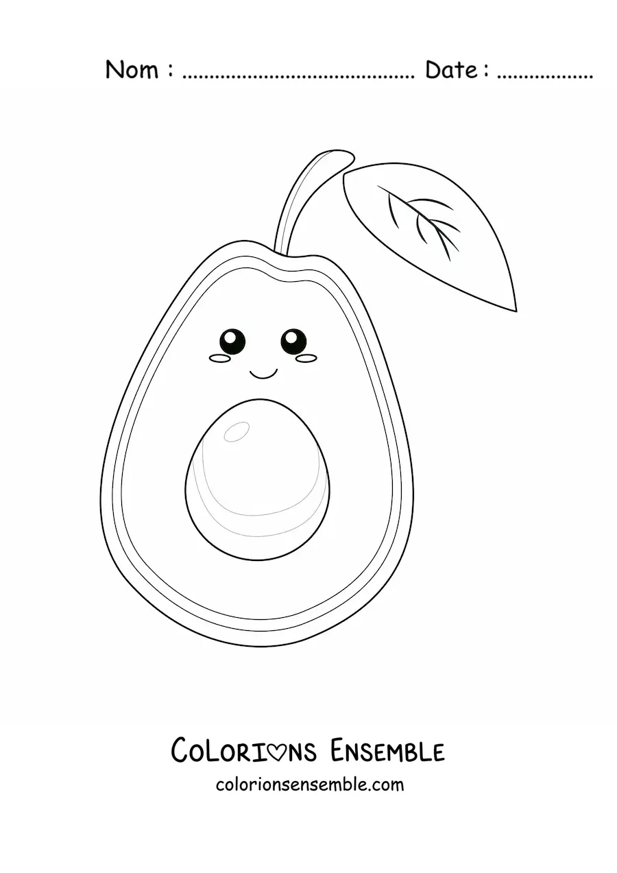 Image à colorier d’un avocat kawaii aux yeux brillants avec sa feuille