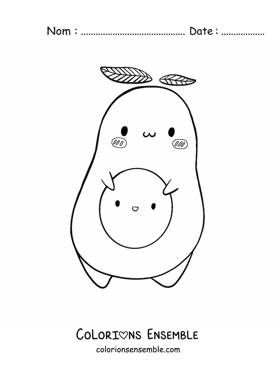 Image à colorier d’un mignon avocat animé tenant son noyau souriant et animé