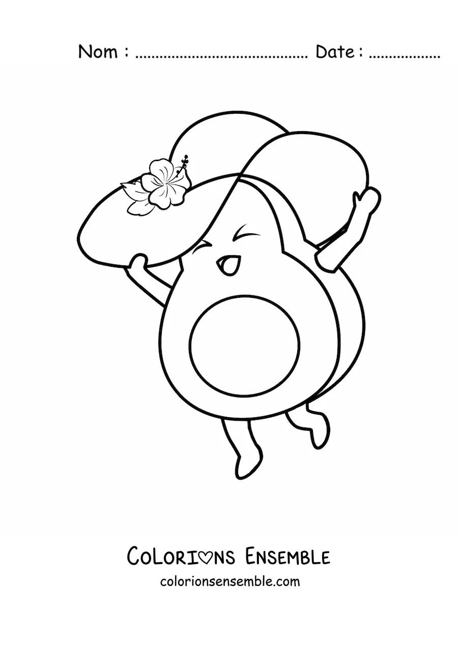 Image à colorier d’un avocat animé portant un chapeau d’été orné d’une fleur