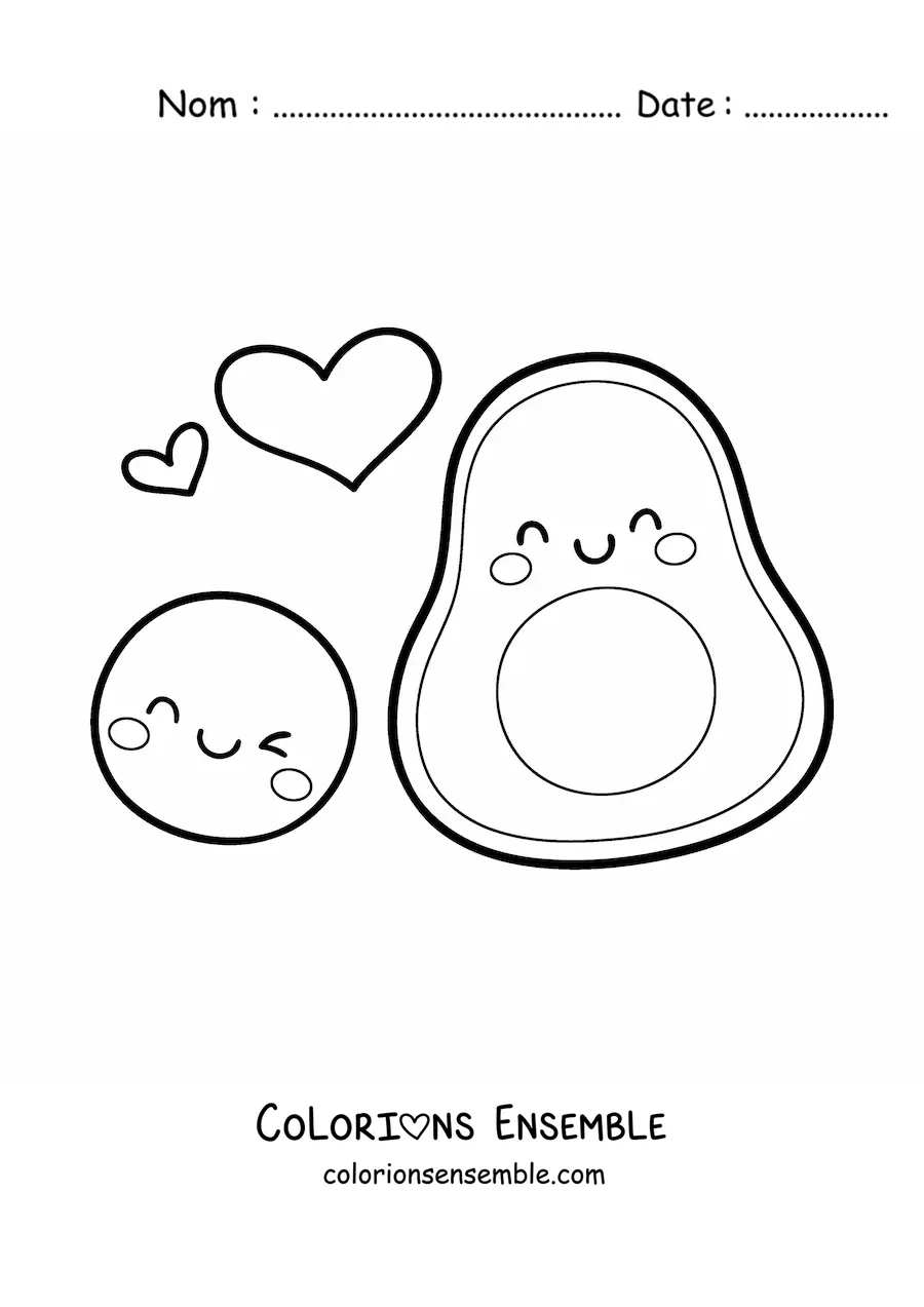 Image à colorier d’un avocat kawaii animé à côté de son noyau souriant et animé