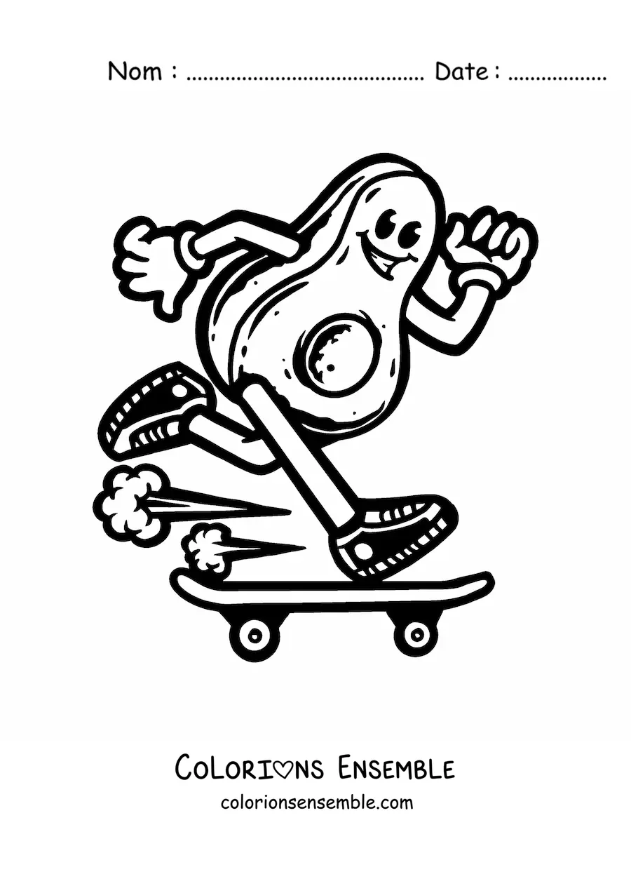 Image à colorier d’un avocat animé filant à toute vitesse sur une planche à roulettes