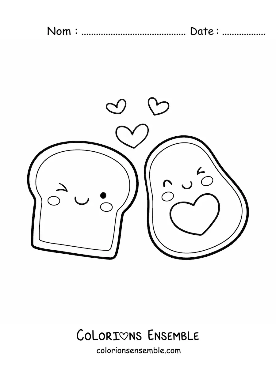 Image à colorier d’un avocat kawaii à côté d’une tartine animée, avec des cœurs dans les airs