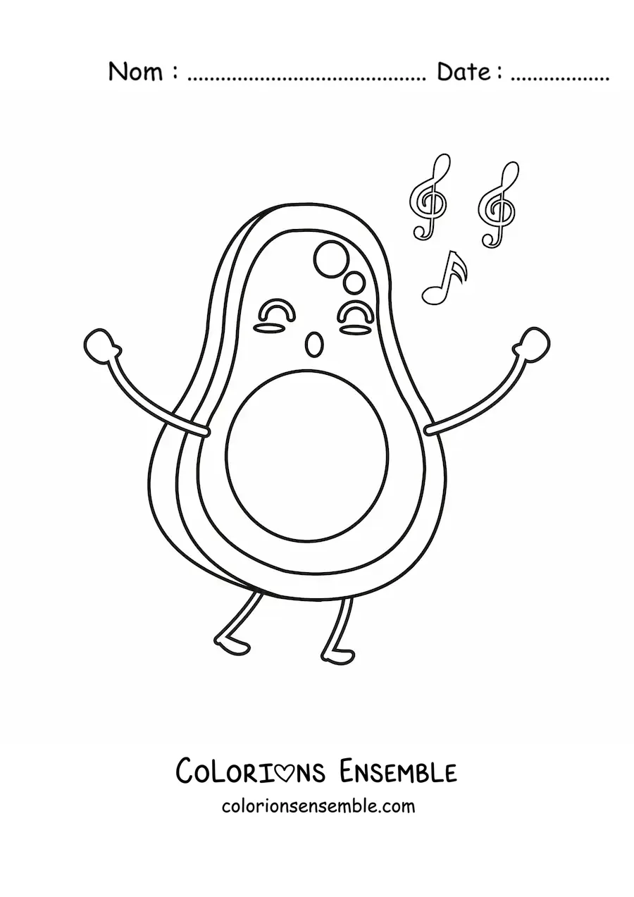 Image à colorier d’un avocat animé chantant avec des notes de musique qui flottent