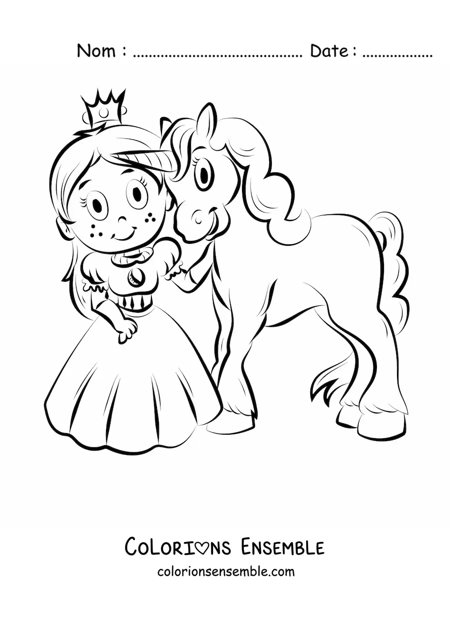 Image à colorier d’une petite princesse avec une licorne