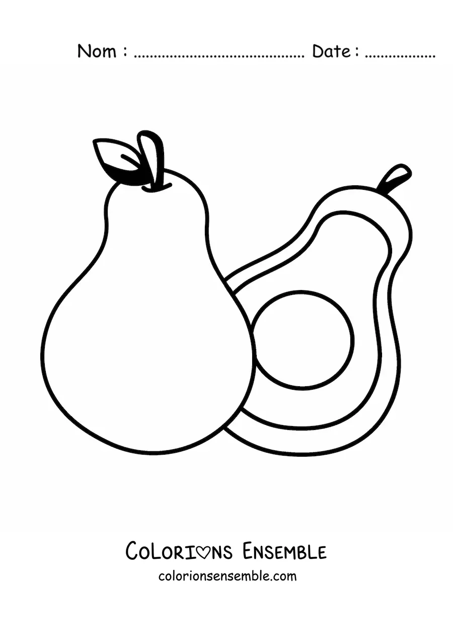 Image à colorier d’un avocat entier à côté d’un demi-avocat