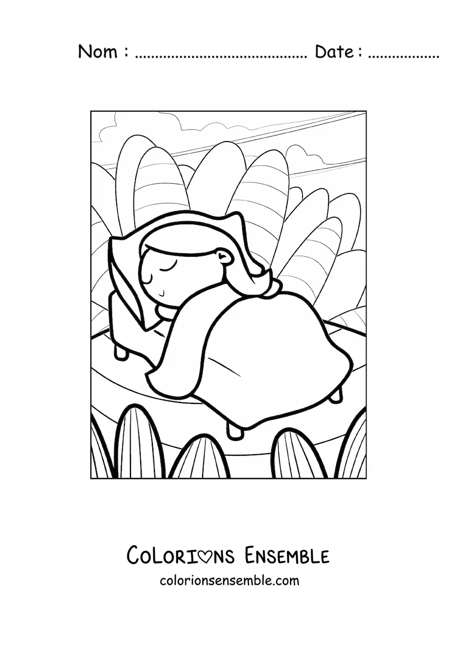 Image à colorier d’une fillette dormant paisiblement dans un lit, avec un paysage en arrière-plan