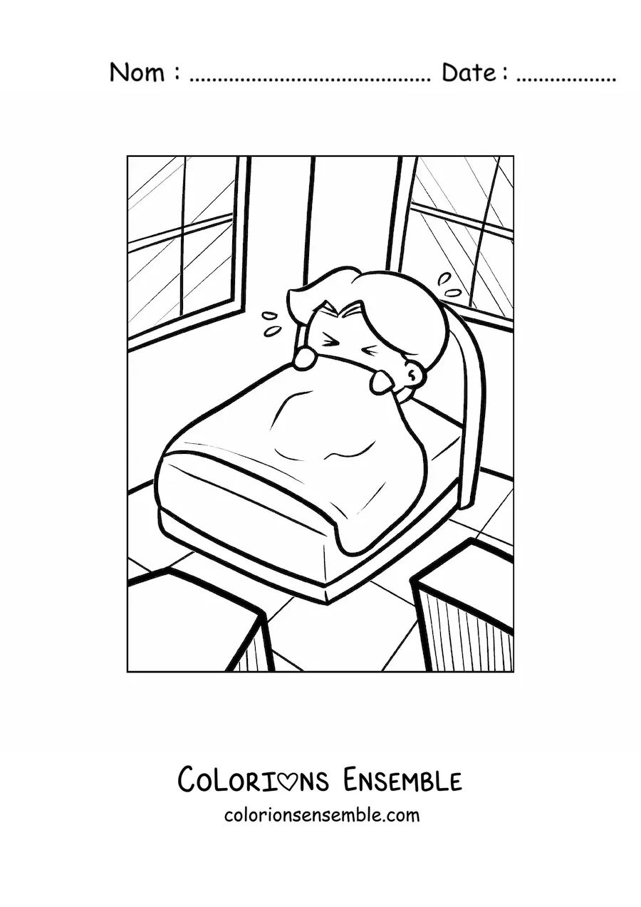 Image à colorier d’un enfant effrayé dans son lit, se couvrant avec les draps