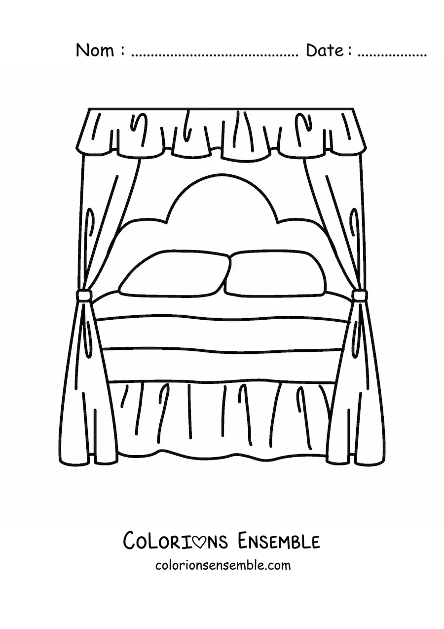 Image à colorier d’un lit ancien à baldaquin avec deux oreillers