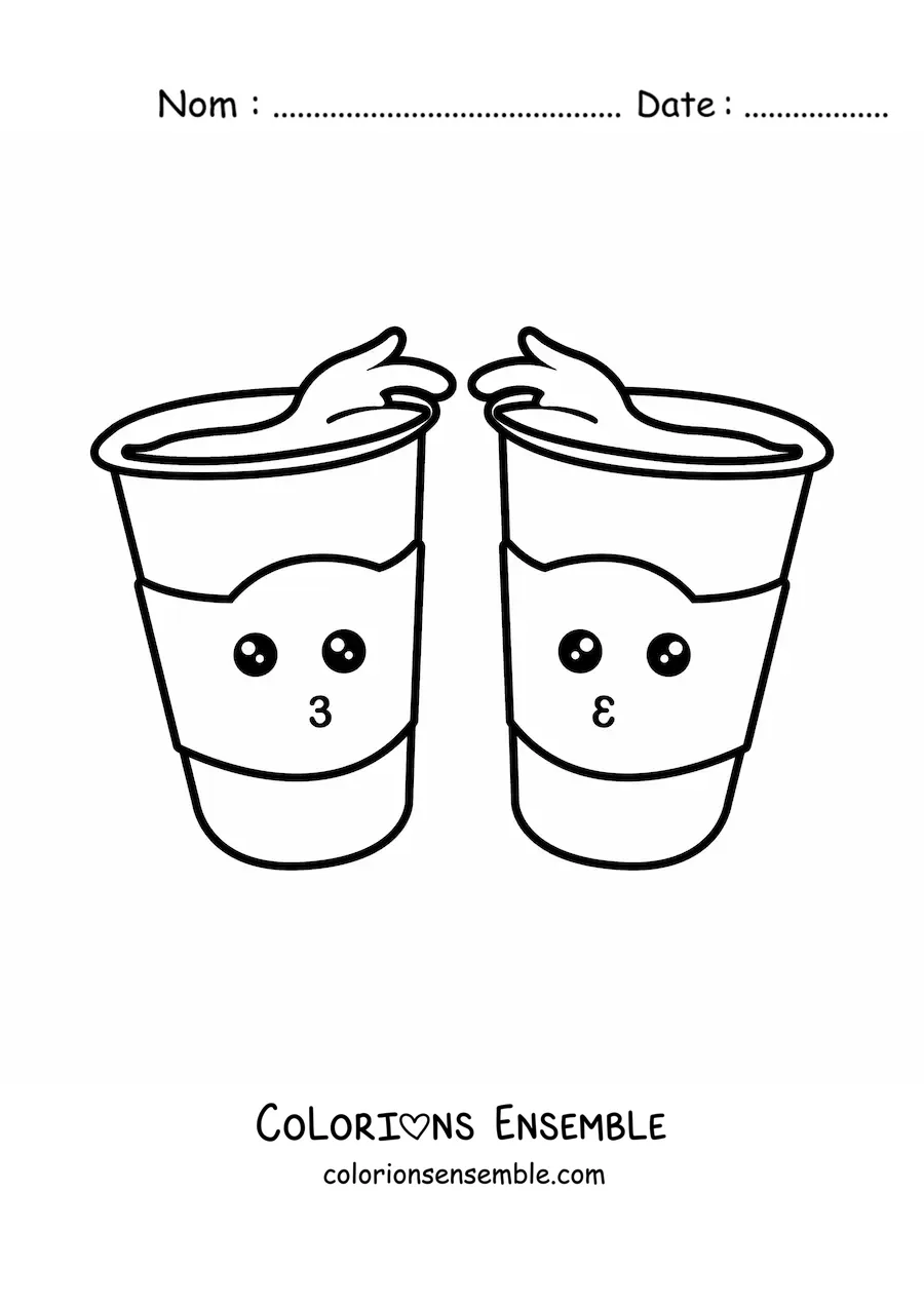 Image à colorier de deux gobelets kawaii animés débordant de café