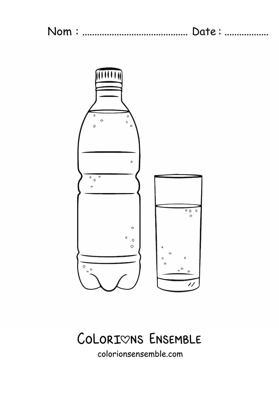 Image à colorier d’une bouteille à côté d’un verre rempli d’eau