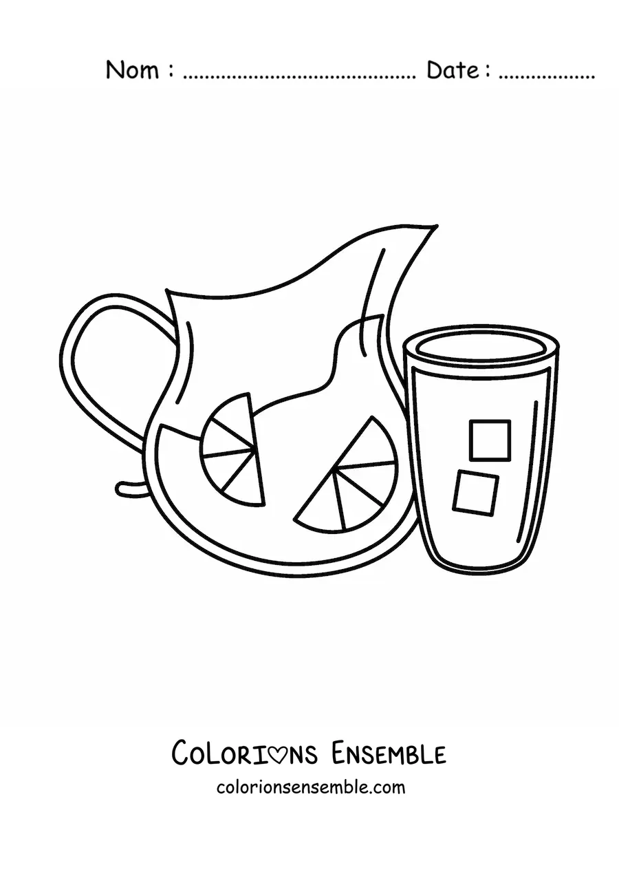 Image à colorier d’un verre plein à côté d’une carafe pleine de limonade et de glaçons