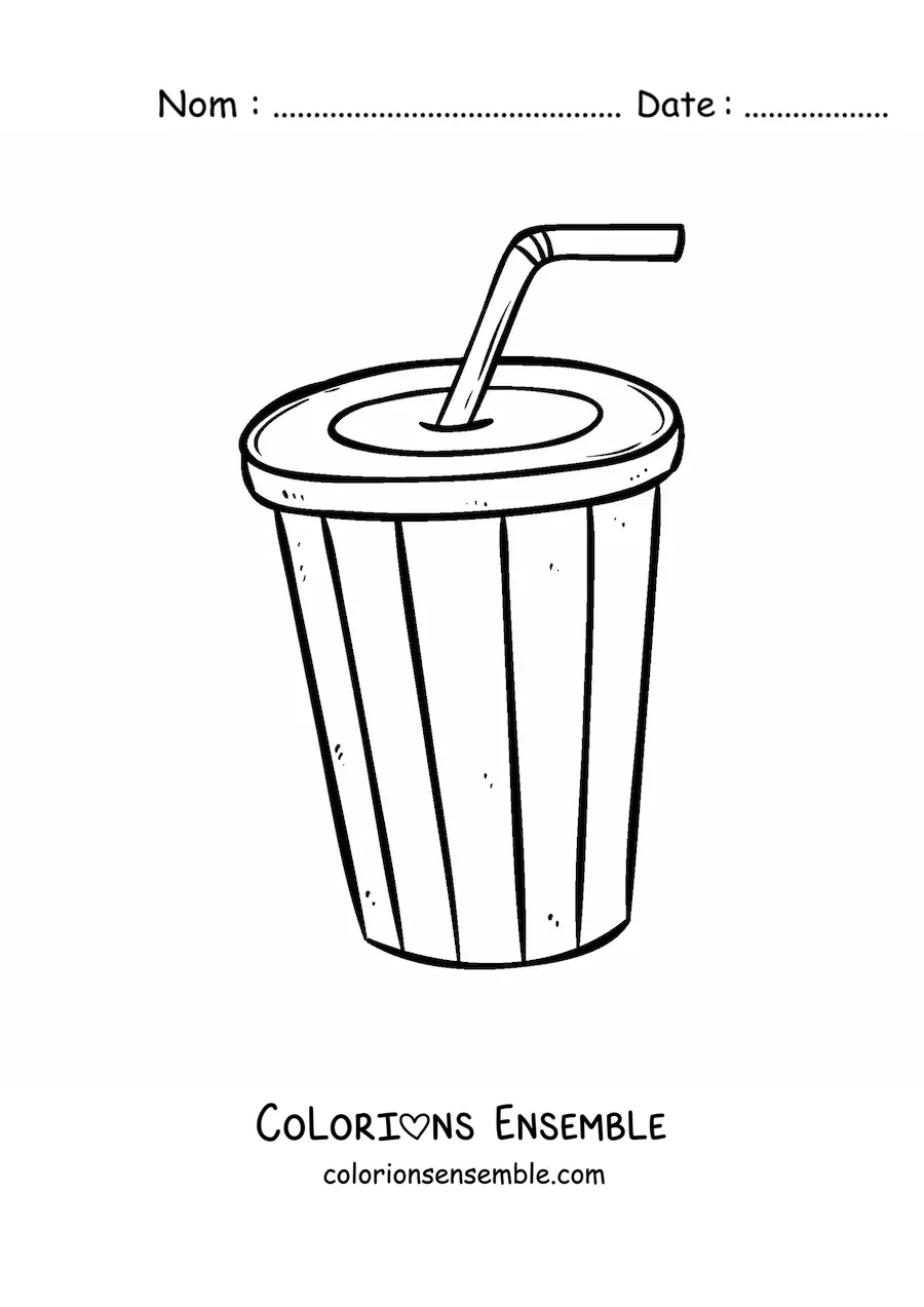 Image à colorier d’un gobelet de soda jetable avec une paille pliée