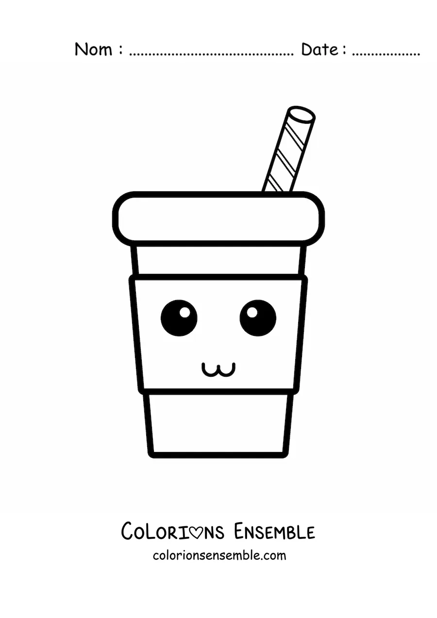 Image à colorier d’un gobelet en plastique animé avec une paille à rayures