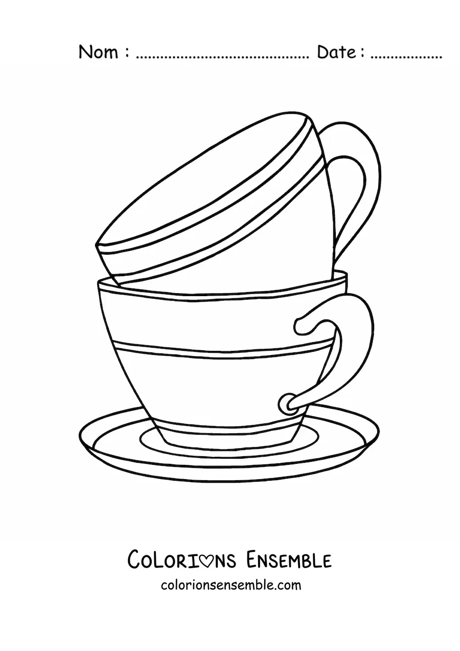 Image à colorier d’une tasse posée sur une autre tasse dans une soucoupe