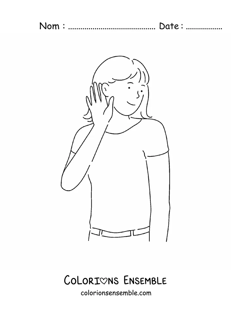 Image à colorier d’une fille qui écoute, la main posée sur l’oreille