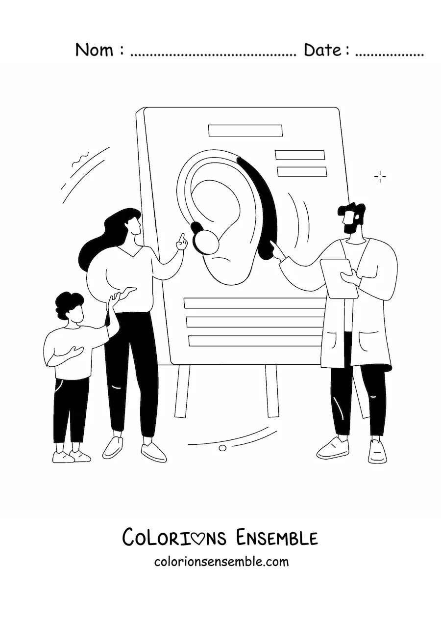 Image à colorier d’un médecin expliquant à ses patients comment fonctionne l’audition