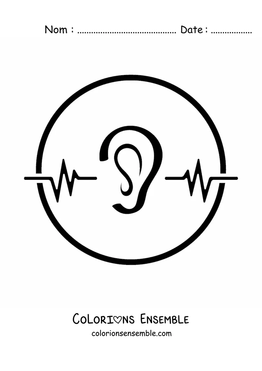 Image à colorier d’une oreille dans un cercle à côté de lignes d’ondes sonores