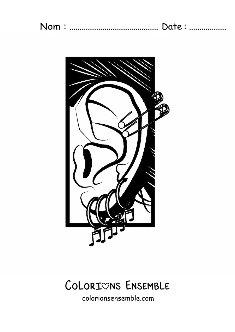 Image à colorier d’une oreille humaine ornée de piercings