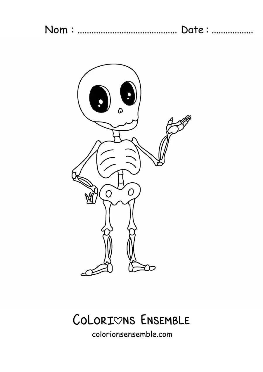 Image à colorier d’un squelette humain kawaii animé aux yeux brillants