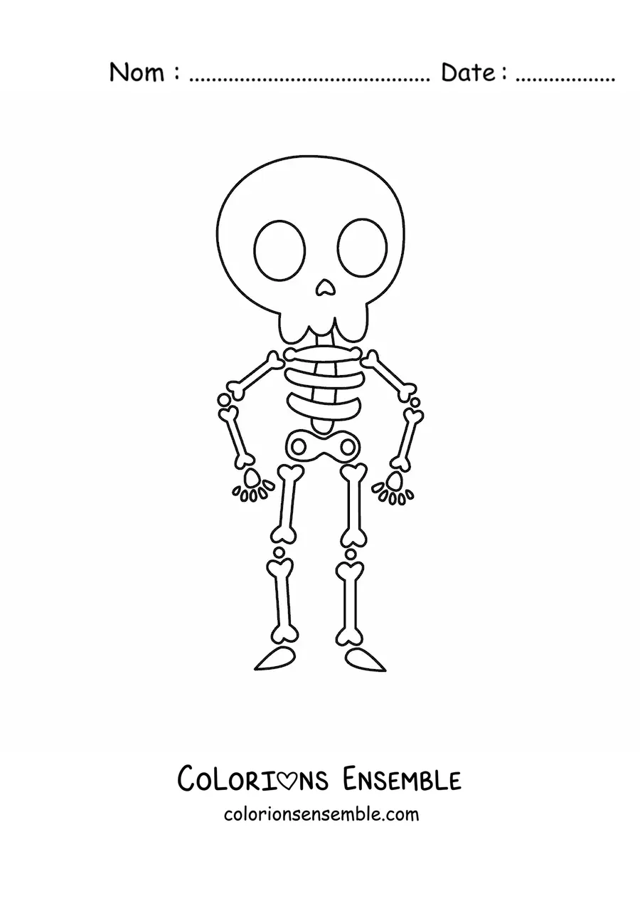Image à colorier d’un squelette humain kawaii en entier
