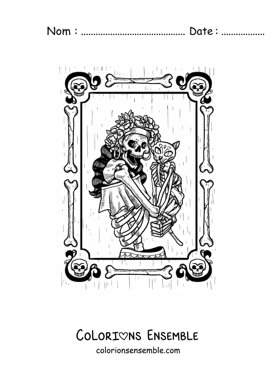 Image à colorier du portrait d’une femme squelette vêtue pour le jour des morts avec un chat squelette