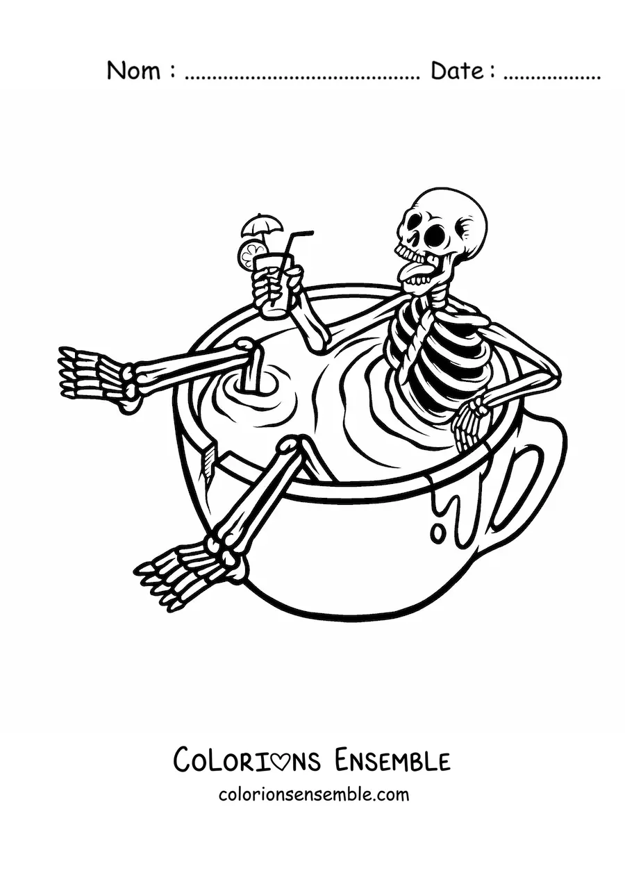 Image à colorier d’un squelette humain animé buvant une boisson rafraîchissante, assis dans une tasse bien pleine