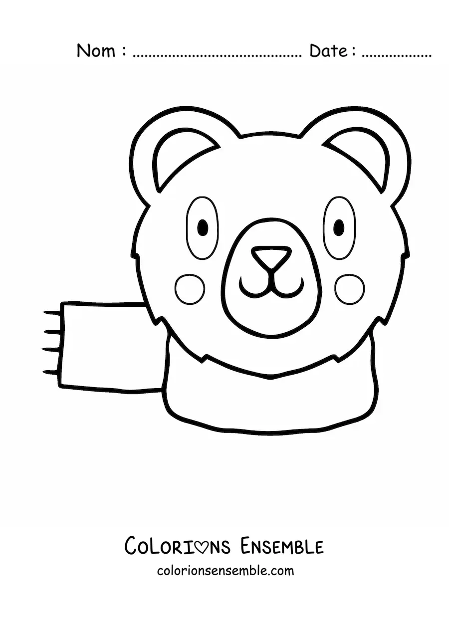 Image à colorier de la tête d’un ours kawaii avec une écharpe