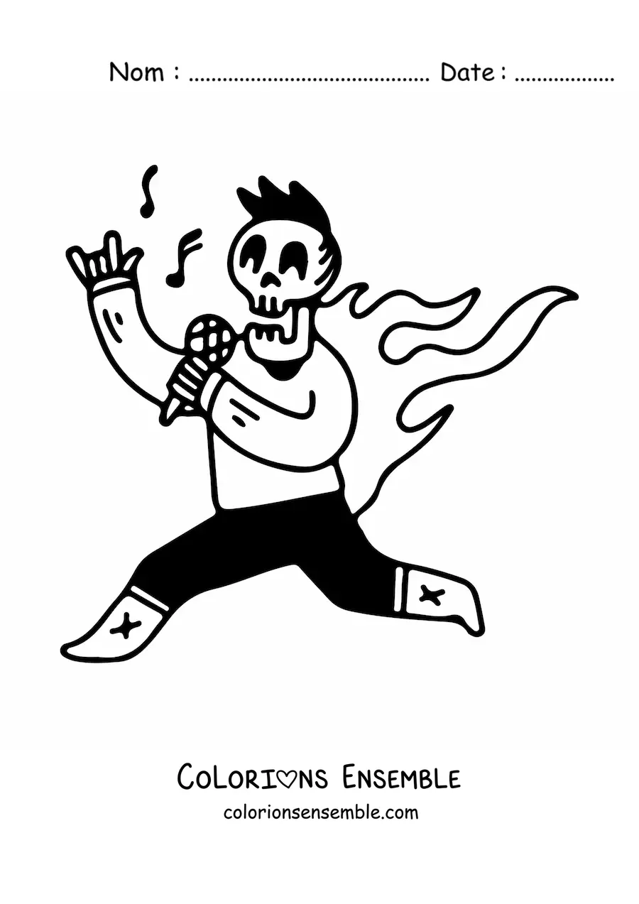 Image à colorier d’un squelette humain habillé qui chante du rock avec des flammes dans le dos