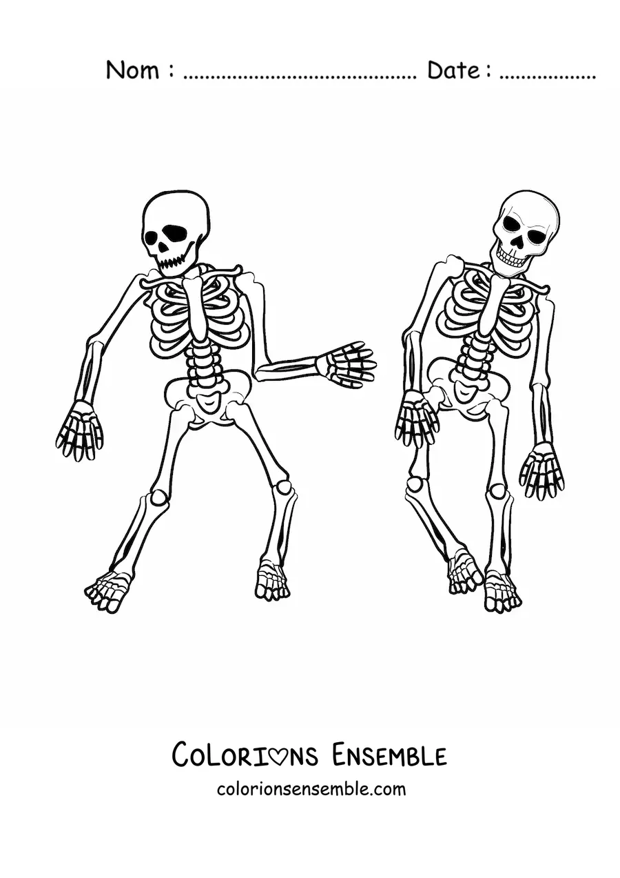 Image à colorier de deux squelettes humains en train de danser