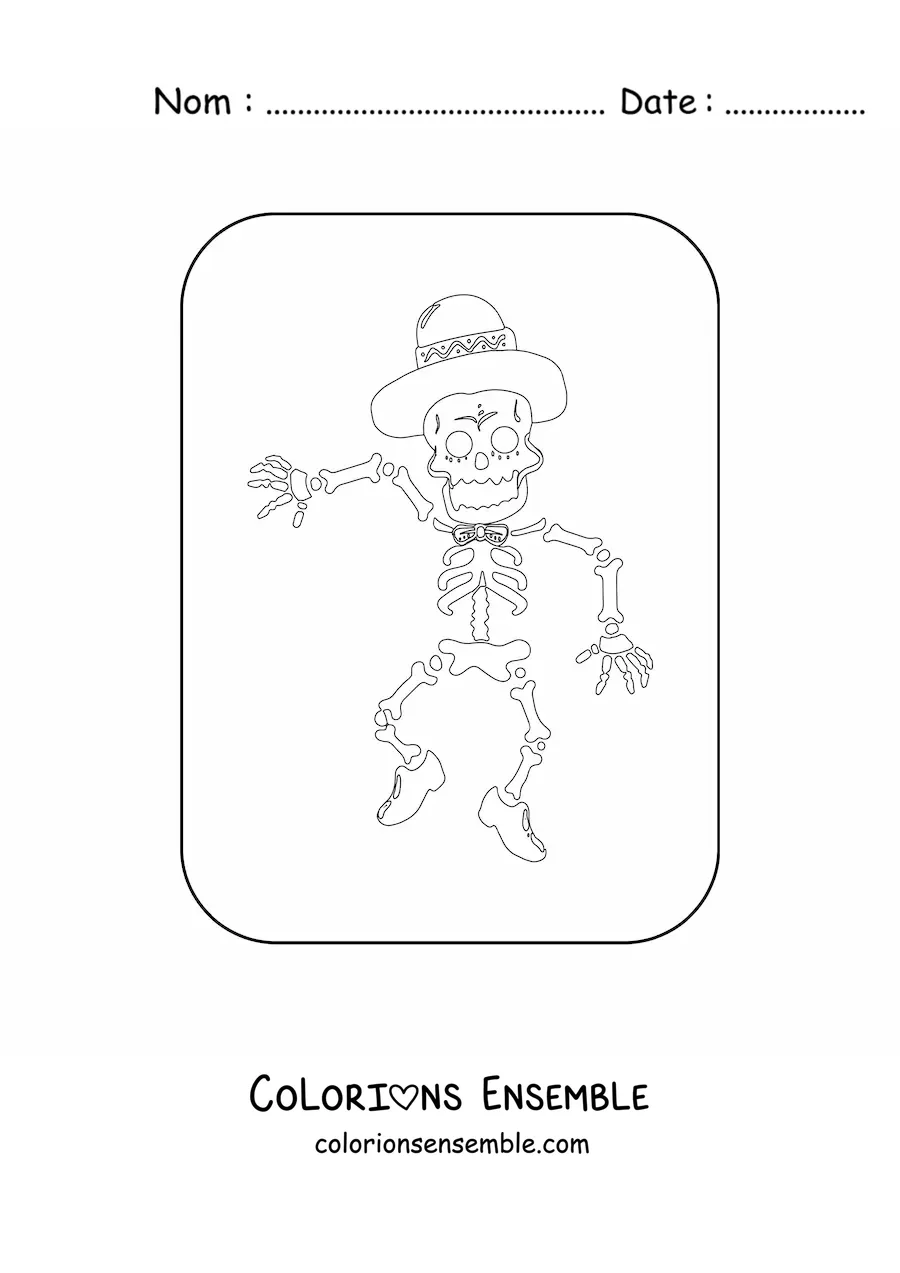 Image à colorier d’un squelette humain qui danse avec un chapeau pour le jour des morts