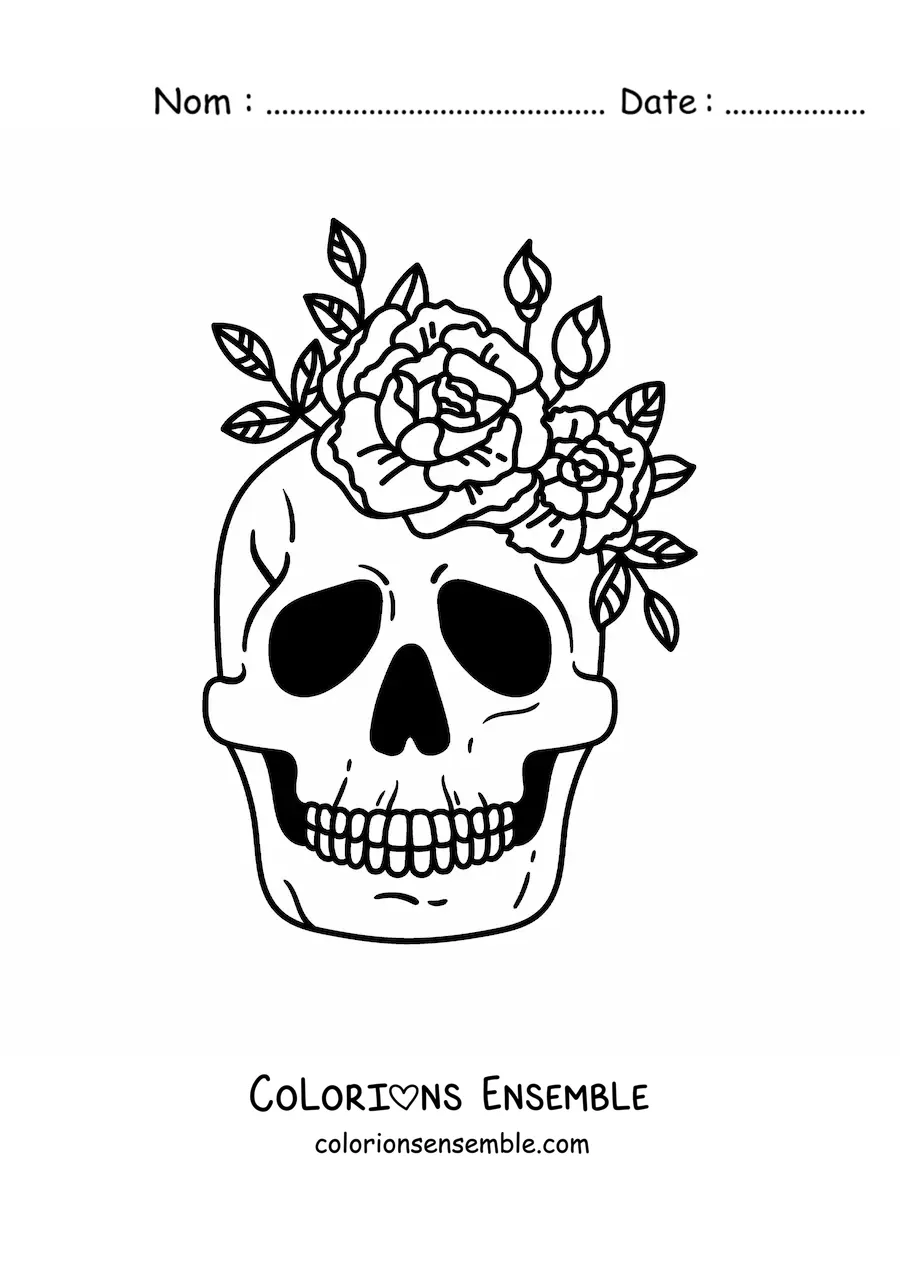 Image à colorier d’un crâne décoré de fleurs sur le dessus