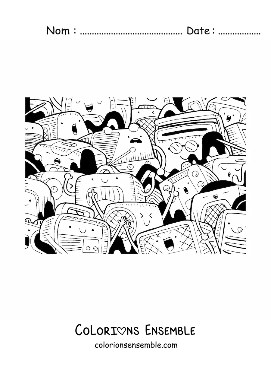 Image à colorier de plusieurs radios animées kawaii aux visages amusants