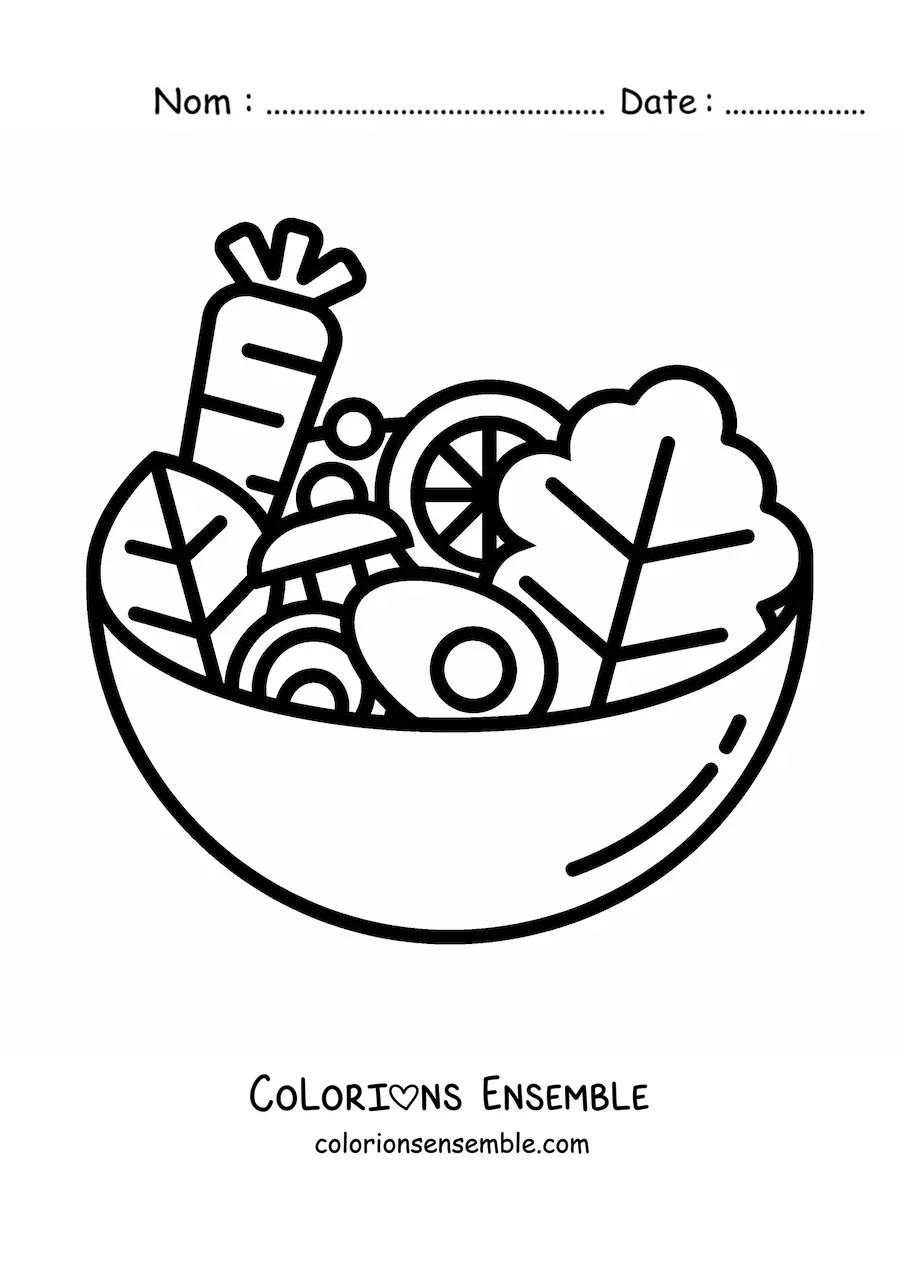 Image à colorier d’une salade avec de la laitue, de la carotte et des œufs dans un récipient