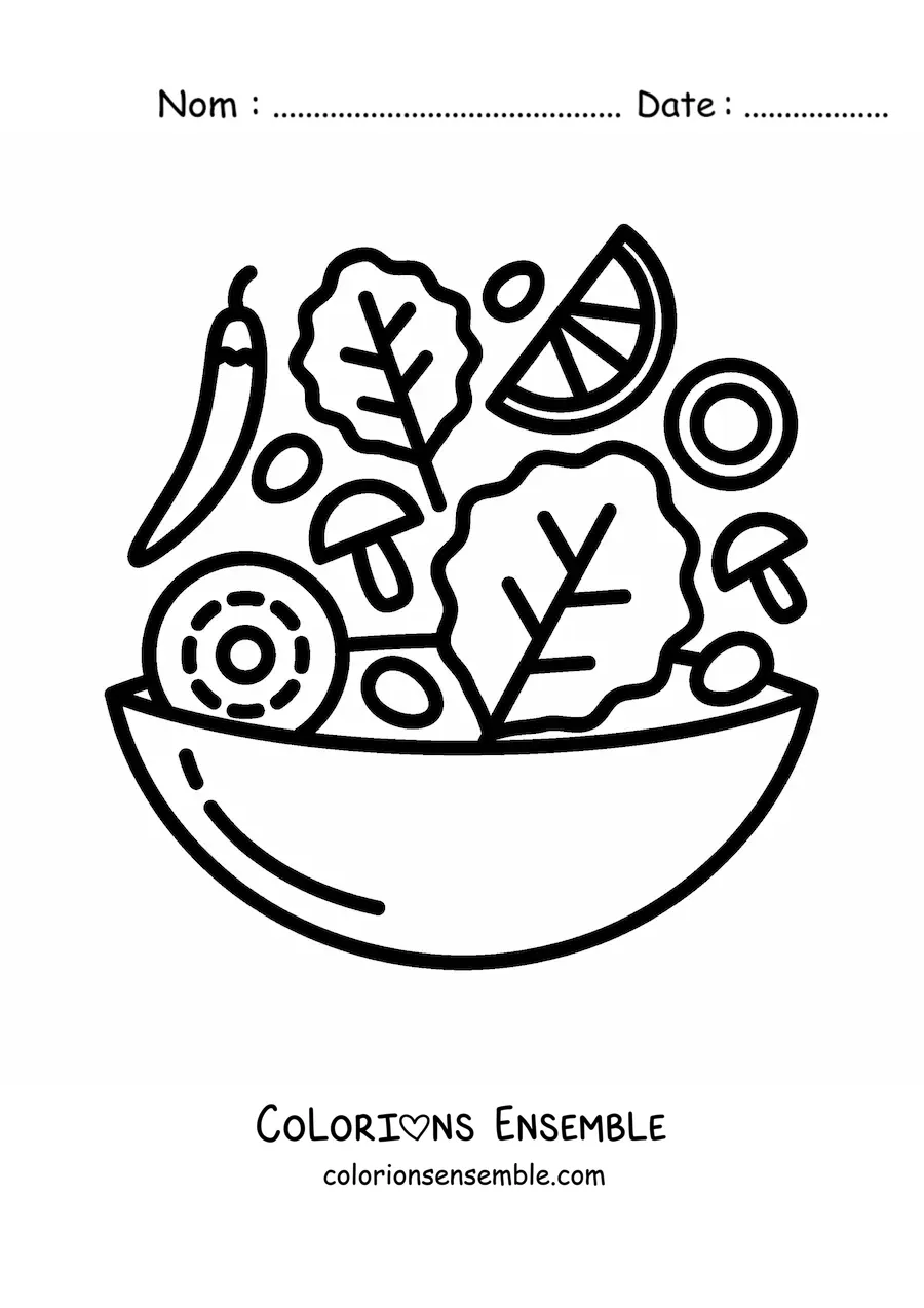 Image à colorier d’une salade avec des poivrons, de la laitue et des champignons dans un récipient