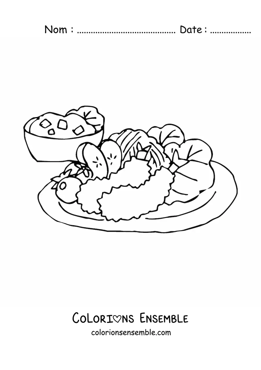 Image à colorier d’un plat avec des crevettes frites et une salade