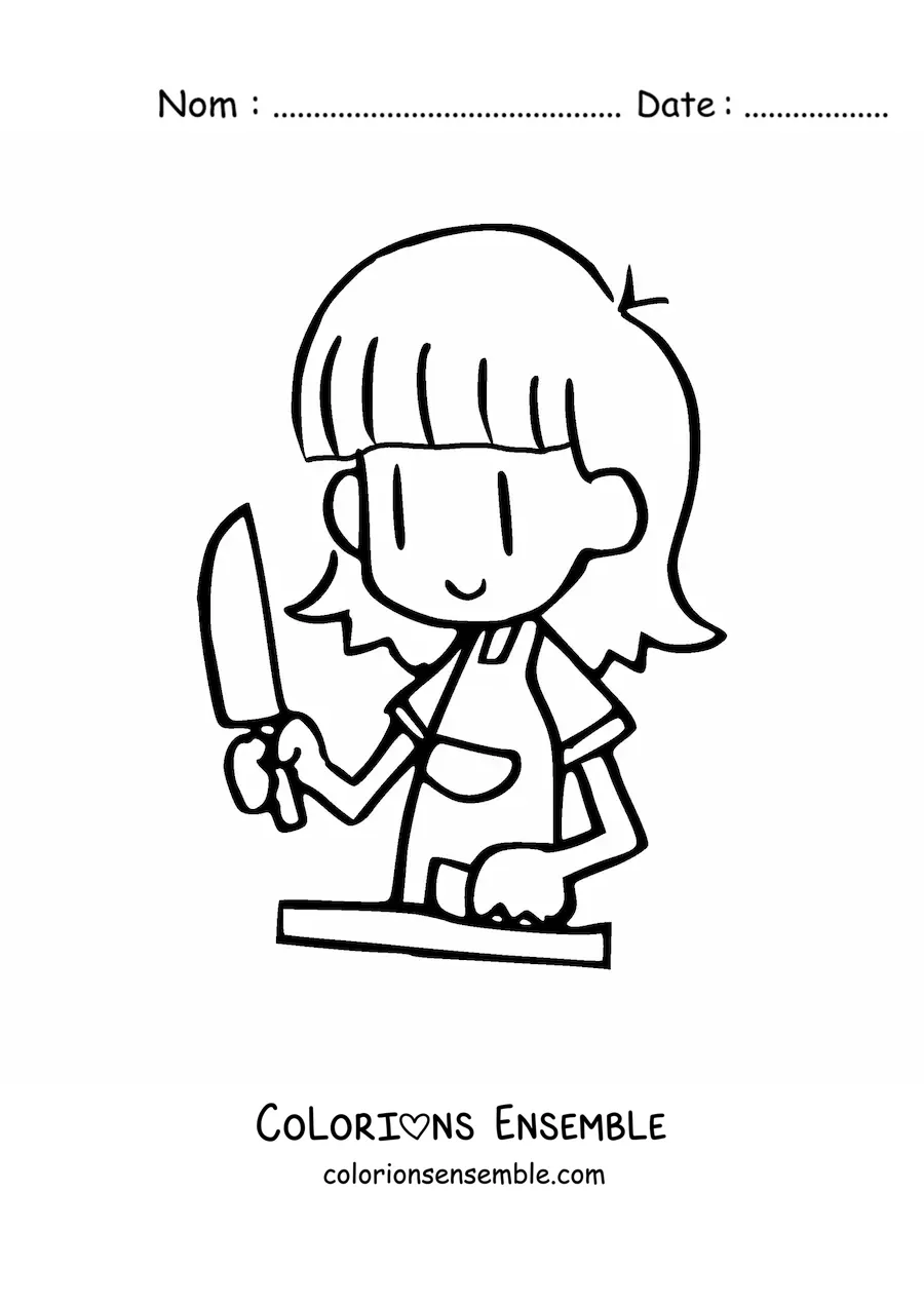 Image à colorier d’une petite fille qui coupe une carotte pour préparer une salade