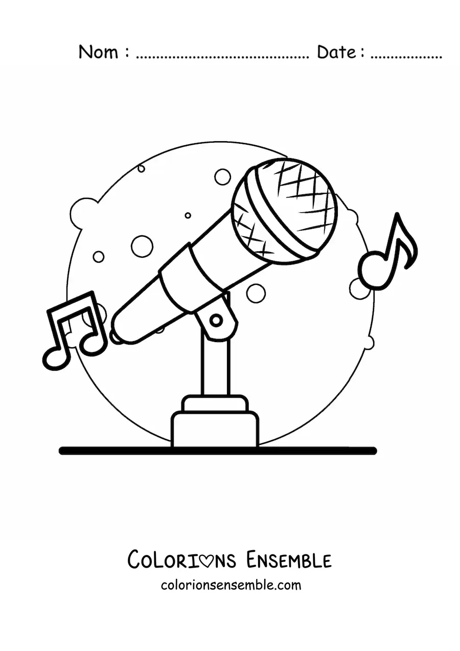 Image à colorier d’un microphone sans fil sur pied avec des notes de musique en arrière-plan
