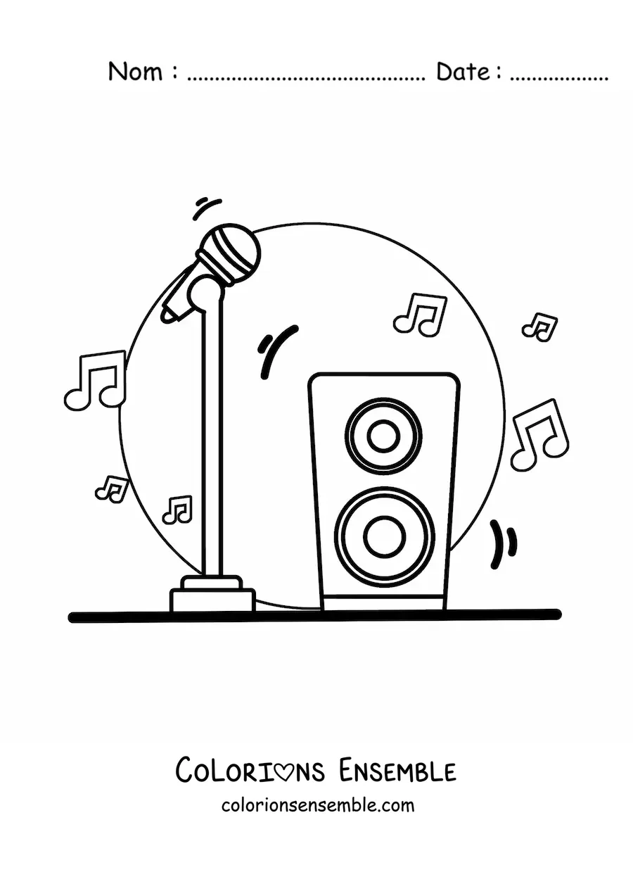 Image à colorier d’un microphone sur pied avec un haut-parleur, et des notes de musique en arrière-plan