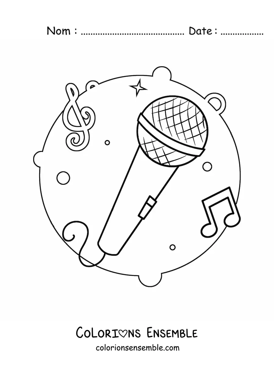 Image à colorier d’un microphone avec des notes de musique en arrière-plan