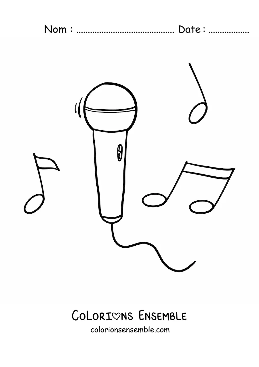 Image à colorier d’un microphone avec des notes de musique en arrière-plan