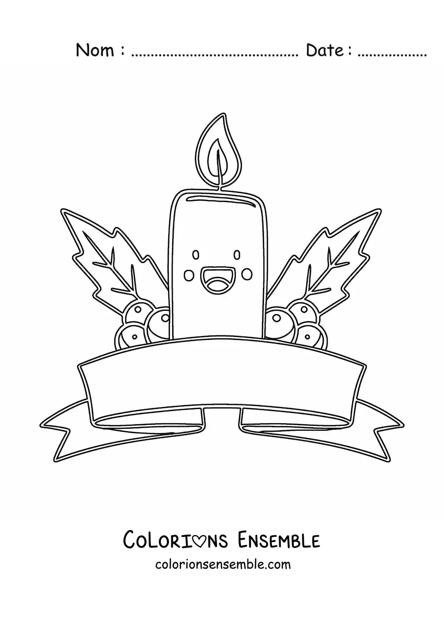 Image à colorier d’une bougie de Noël kawaii animée avec du gui et un ruban