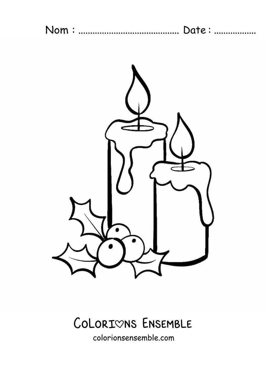 Image à colorier de deux bougies de Noël avec du gui