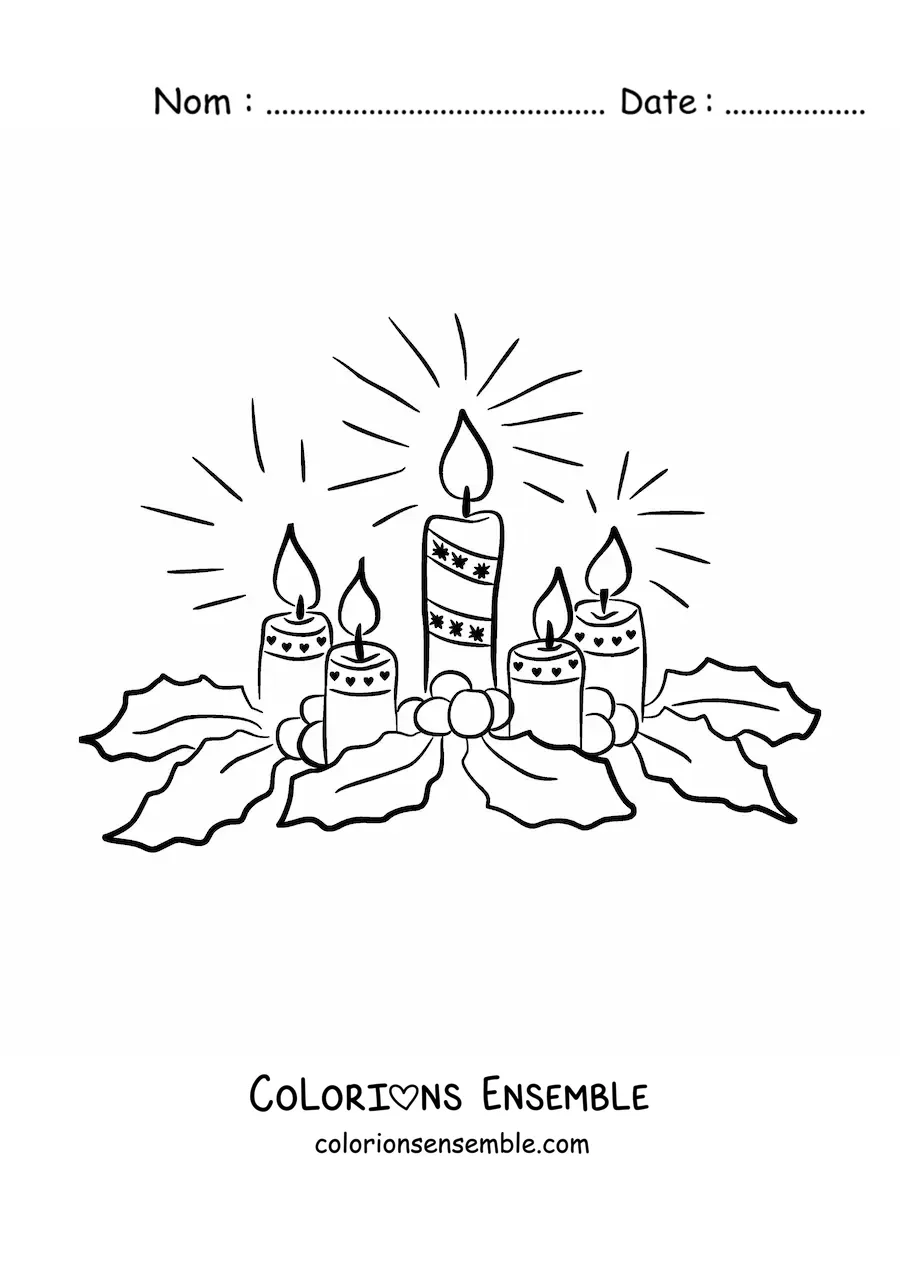 Image à colorier de cinq bougies de l’Avent avec du gui