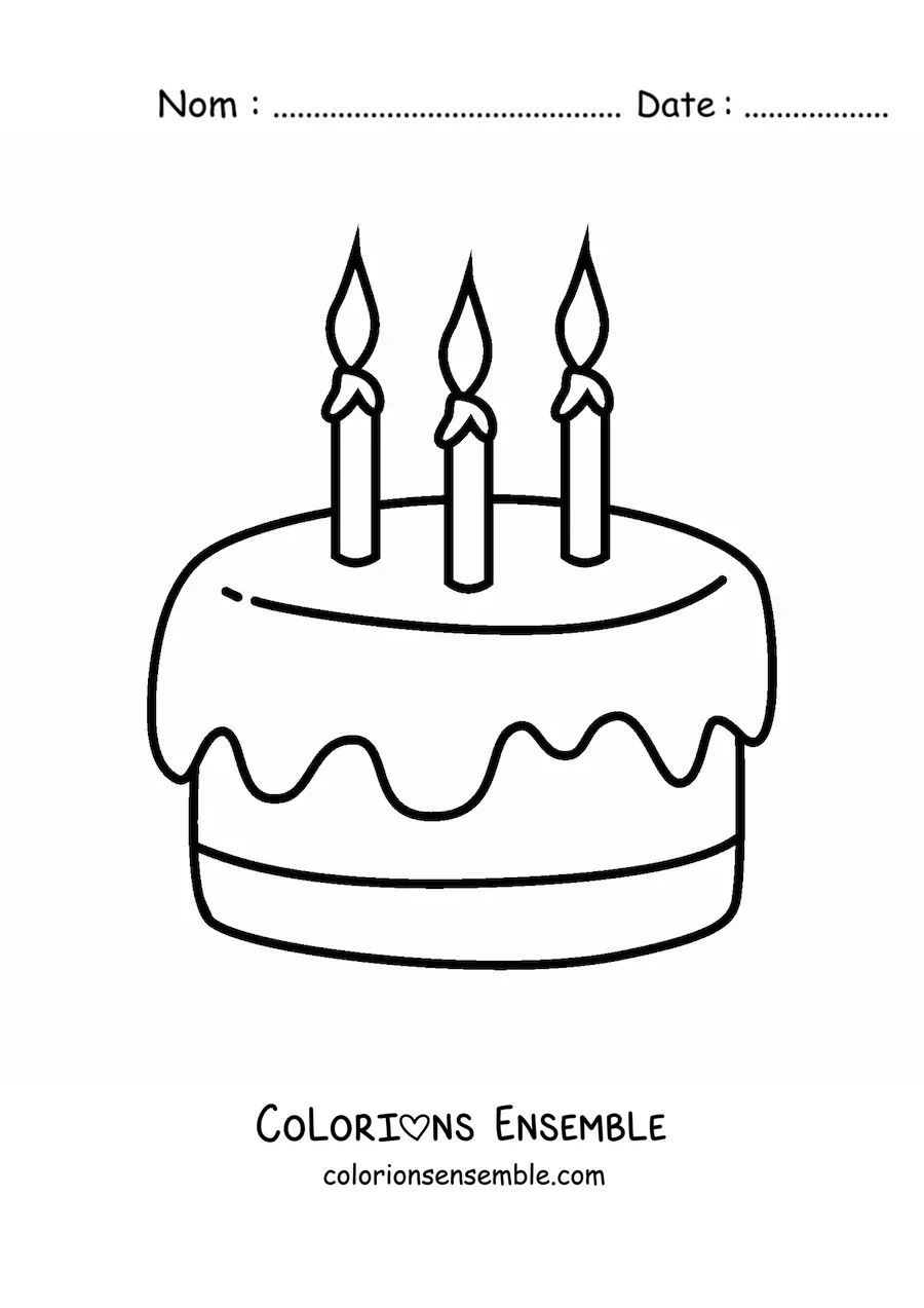Image à colorier de trois bougies sur un gâteau d’anniversaire