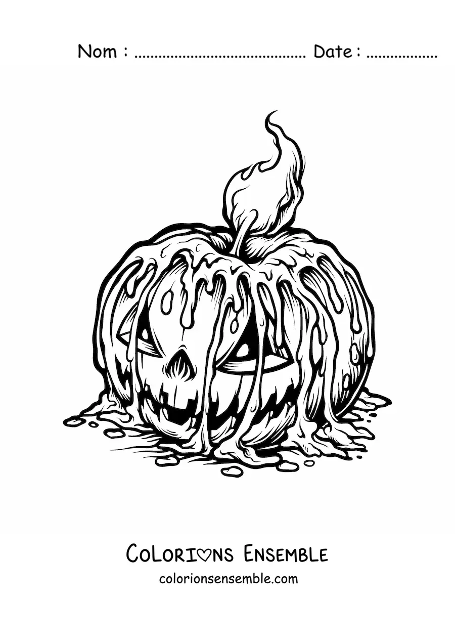 Image à colorier d’une bougie d’Halloween fondue sur une citrouille effrayante