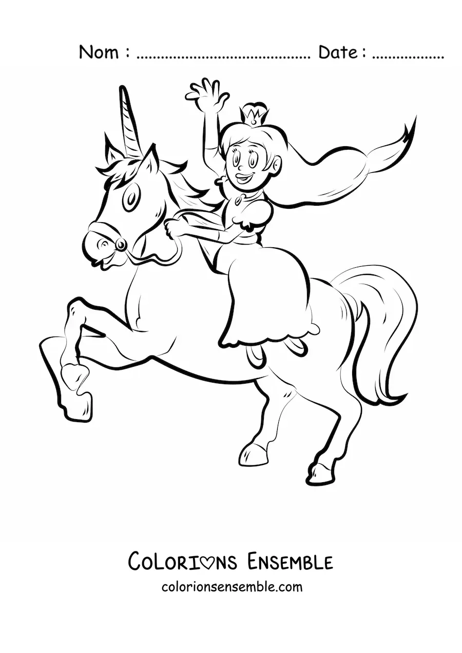 Image à colorier d’une princesse montant une licorne et saluant de la main