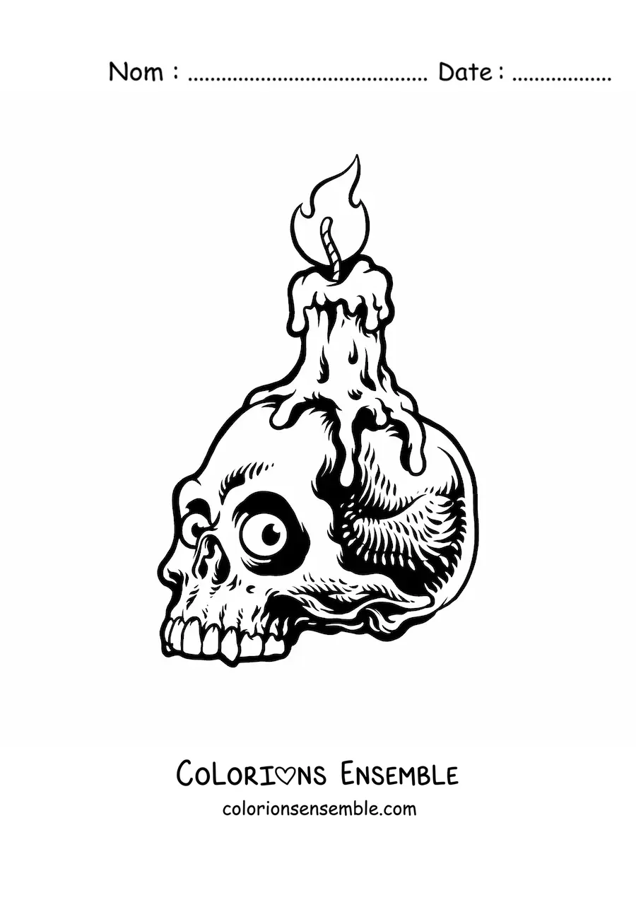 Image à colorier d’une bougie d’Halloween posée sur un crâne effrayant